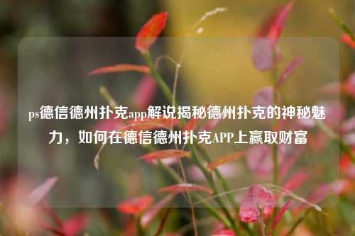 ps德信德州扑克app解说揭秘德州扑克的神秘魅力，如何在德信德州扑克APP上赢取财富