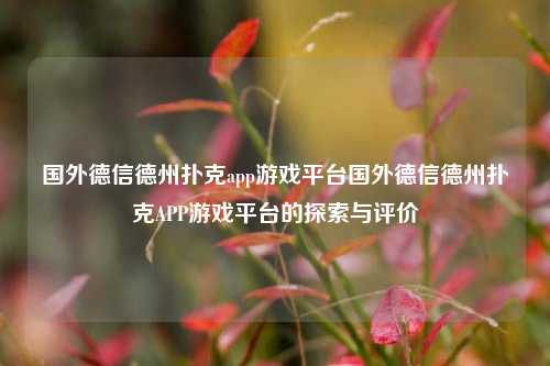 国外德信德州扑克app游戏平台国外德信德州扑克APP游戏平台的探索与评价