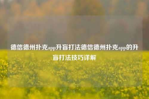 德信德州扑克app升盲打法德信德州扑克app的升盲打法技巧详解
