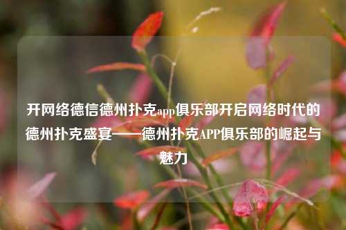 开网络德信德州扑克app俱乐部开启网络时代的德州扑克盛宴——德州扑克APP俱乐部的崛起与魅力