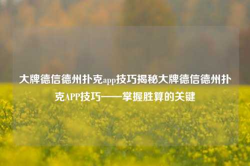 大牌德信德州扑克app技巧揭秘大牌德信德州扑克APP技巧——掌握胜算的关键