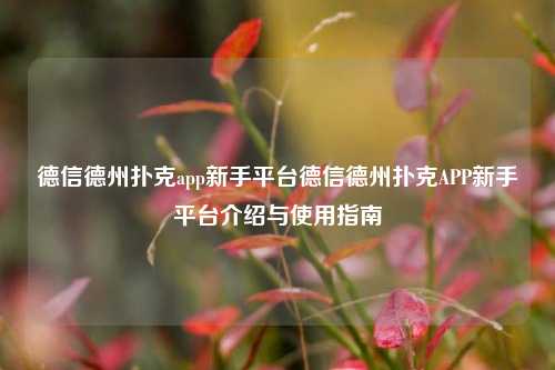 德信德州扑克app新手平台德信德州扑克APP新手平台介绍与使用指南