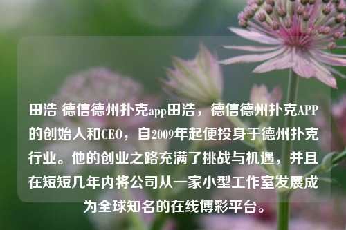 田浩 德信德州扑克app田浩，德信德州扑克APP的创始人和CEO，自2009年起便投身于德州扑克行业。他的创业之路充满了挑战与机遇，并且在短短几年内将公司从一家小型工作室发展成为全球知名的在线博彩平台。