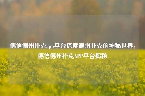 德信德州扑克app平台探索德州扑克的神秘世界，德信德州扑克APP平台揭秘