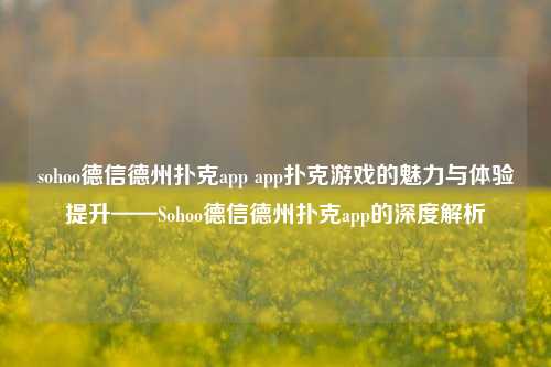 sohoo德信德州扑克app app扑克游戏的魅力与体验提升——Sohoo德信德州扑克app的深度解析