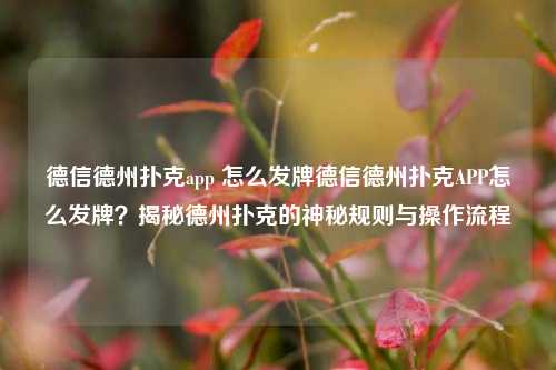 德信德州扑克app 怎么发牌德信德州扑克APP怎么发牌？揭秘德州扑克的神秘规则与操作流程