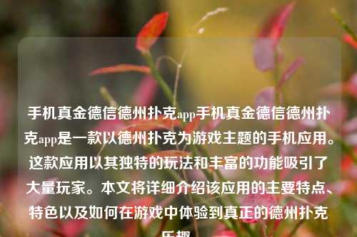 手机真金德信德州扑克app手机真金德信德州扑克app是一款以德州扑克为游戏主题的手机应用。这款应用以其独特的玩法和丰富的功能吸引了大量玩家。本文将详细介绍该应用的主要特点、特色以及如何在游戏中体验到真正的德州扑克乐趣。
