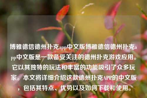 博雅德信德州扑克app中文版博雅德信德州扑克app中文版是一款备受关注的德州扑克游戏应用。它以其独特的玩法和丰富的功能吸引了众多玩家。本文将详细介绍这款德州扑克APP的中文版，包括其特点、优势以及如何下载和使用。