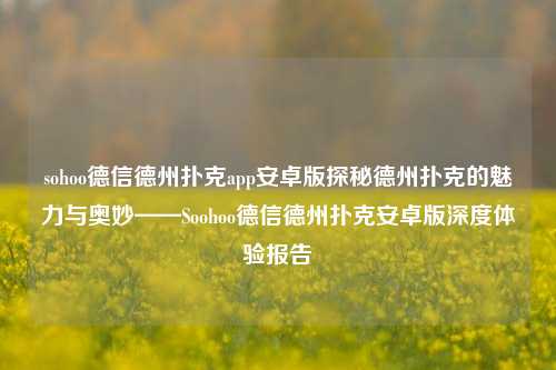sohoo德信德州扑克app安卓版探秘德州扑克的魅力与奥妙——Soohoo德信德州扑克安卓版深度体验报告